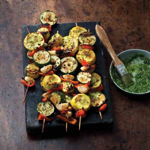 Grilled Garlic & Summer Squash Skewers Recipe with Chimichurri
